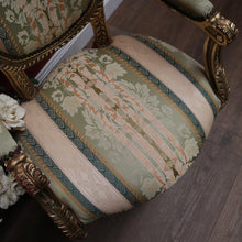 Load image into Gallery viewer, x SOLD Pair of Vintage French Armchairs with Gilt Timber Frames and Striped Pastel Fabric. B12597