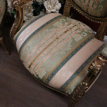 Load image into Gallery viewer, x SOLD Pair of Vintage French Armchairs with Gilt Timber Frames and Striped Pastel Fabric. B12597