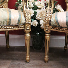 Load image into Gallery viewer, x SOLD Pair of Vintage French Armchairs with Gilt Timber Frames and Striped Pastel Fabric. B12597