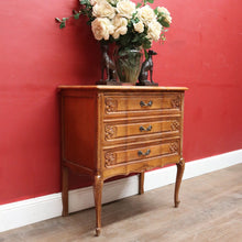 Load image into Gallery viewer, Vintage French chest of three drawers with carved detail and cast metal handles. B12824