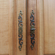Load image into Gallery viewer, Antique French Oak 4 Door Armoire/ Wardrobe with hanging space shelves and three keys. B12743
