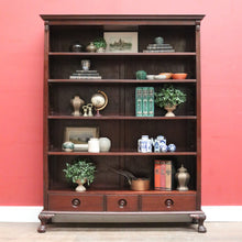 Load image into Gallery viewer, x SOLD Vintage Australian Cedar Bookcase – Four Shelves, Three Drawers, Carved Detail. B12614