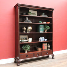 Load image into Gallery viewer, x SOLD Vintage Australian Cedar Bookcase – Four Shelves, Three Drawers, Carved Detail. B12614