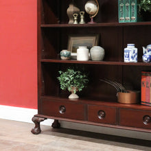 Load image into Gallery viewer, x SOLD Vintage Australian Cedar Bookcase – Four Shelves, Three Drawers, Carved Detail. B12614