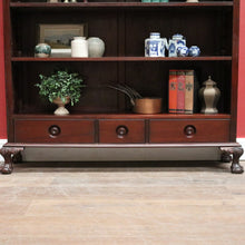 Load image into Gallery viewer, x SOLD Vintage Australian Cedar Bookcase – Four Shelves, Three Drawers, Carved Detail. B12614