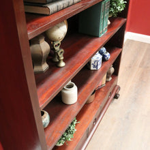 Load image into Gallery viewer, x SOLD Vintage Australian Cedar Bookcase – Four Shelves, Three Drawers, Carved Detail. B12614
