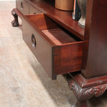 Load image into Gallery viewer, x SOLD Vintage Australian Cedar Bookcase – Four Shelves, Three Drawers, Carved Detail. B12614