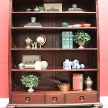 Load image into Gallery viewer, x SOLD Vintage Australian Cedar Bookcase – Four Shelves, Three Drawers, Carved Detail. B12614