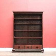 Load image into Gallery viewer, x SOLD Vintage Australian Cedar Bookcase – Four Shelves, Three Drawers, Carved Detail. B12614