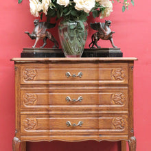 Load image into Gallery viewer, Vintage French chest of drawers with shaped front and brass handles. B12823
