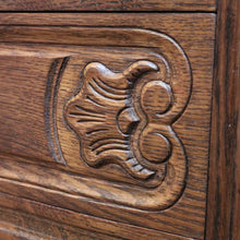 Load image into Gallery viewer, Vintage French chest of drawers with shaped front and brass handles. B12823