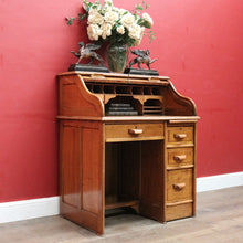 Load image into Gallery viewer, Antique English oak single pedestal roll top desk with key and fitted interior. B13022