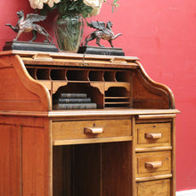 Load image into Gallery viewer, Antique English oak single pedestal roll top desk with key and fitted interior. B13022