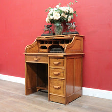 Load image into Gallery viewer, Antique English oak single pedestal roll top desk with key and fitted interior. B13022