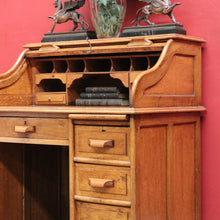 Load image into Gallery viewer, Antique English oak single pedestal roll top desk with key and fitted interior. B13022