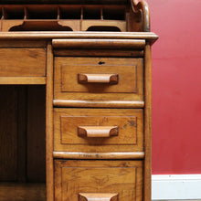 Load image into Gallery viewer, Antique English oak single pedestal roll top desk with key and fitted interior. B13022