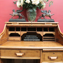 Load image into Gallery viewer, Antique English oak single pedestal roll top desk with key and fitted interior. B13022