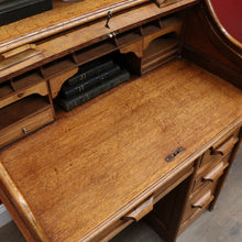 Load image into Gallery viewer, Antique English oak single pedestal roll top desk with key and fitted interior. B13022