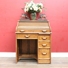 Load image into Gallery viewer, Antique English oak single pedestal roll top desk with key and fitted interior. B13022