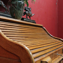 Load image into Gallery viewer, Antique English oak single pedestal roll top desk with key and fitted interior. B13022