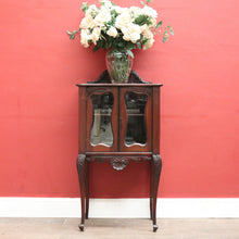 Load image into Gallery viewer, Antique English Mahogany Hall Cabinet – Glass Doors, Carved Detail, with Key. B12595