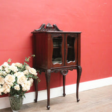 Load image into Gallery viewer, Antique English Mahogany Hall Cabinet – Glass Doors, Carved Detail, with Key. B12595