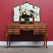 Load image into Gallery viewer, Vintage French tri mirror dressing table with bevelled mirrors and five drawers. B12801