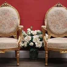 Load image into Gallery viewer, Pair of French Gilt Wood Armchairs with Medallion Backs and Tapestry Seats. B12623