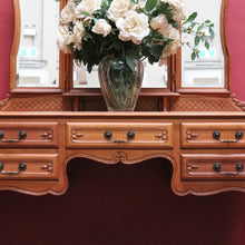 Load image into Gallery viewer, Vintage French tri mirror dressing table with bevelled mirrors and five drawers. B12801