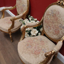 Load image into Gallery viewer, Pair of French Gilt Wood Armchairs with Medallion Backs and Tapestry Seats. B12623
