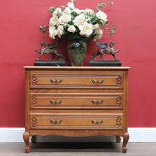 Load image into Gallery viewer, Vintage French oak chest of drawers with carved detail and cabriole legs. B12769