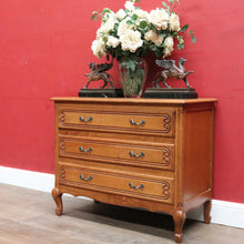 Load image into Gallery viewer, Vintage French oak chest of drawers with carved detail and cabriole legs. B12769