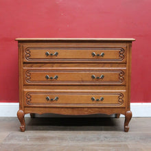 Load image into Gallery viewer, Vintage French oak chest of drawers with carved detail and cabriole legs. B12769