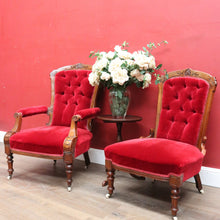 Load image into Gallery viewer, Antique English Grandfather and Grandmother Armchairs in Mahogany. B13031
