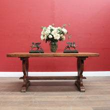 Load image into Gallery viewer, Antique French oak refectory table with slab top and stretcher base. B13029