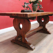 Load image into Gallery viewer, Antique French oak refectory table with slab top and stretcher base. B13029