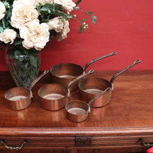 Load image into Gallery viewer, Set of Five Antique French Copper Saucepans with Cast Iron Handles. B12412