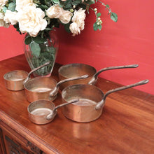 Load image into Gallery viewer, Set of Five Antique French Copper Saucepans with Cast Iron Handles. B12412