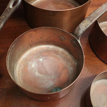 Load image into Gallery viewer, Set of Five Antique French Copper Saucepans with Cast Iron Handles. B12412