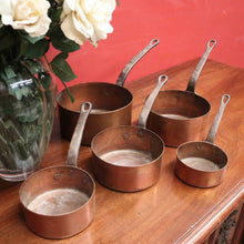 Load image into Gallery viewer, Set of Five Antique French Copper Saucepans with Cast Iron Handles. B12412