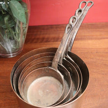 Load image into Gallery viewer, Set of Five Antique French Copper Saucepans with Cast Iron Handles. B12412