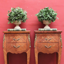Load image into Gallery viewer, Pair of Vintage French Bedside Tables with Marquetry Inlay and Pull Out Slides. B12799