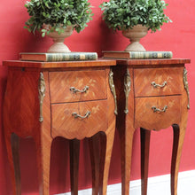 Load image into Gallery viewer, Pair of Vintage French Bedside Tables with Marquetry Inlay and Pull Out Slides. B12799
