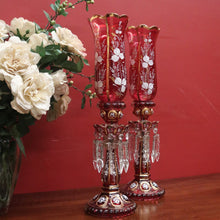 Load image into Gallery viewer, x SOLD Striking Pair of Antique Ruby Glass Hurricane Lamps with Prisms and Gilding. B12634