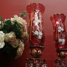 Load image into Gallery viewer, x SOLD Striking Pair of Antique Ruby Glass Hurricane Lamps with Prisms and Gilding. B12634