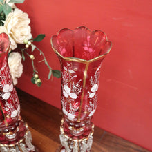 Load image into Gallery viewer, x SOLD Striking Pair of Antique Ruby Glass Hurricane Lamps with Prisms and Gilding. B12634