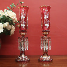 Load image into Gallery viewer, x SOLD Striking Pair of Antique Ruby Glass Hurricane Lamps with Prisms and Gilding. B12634