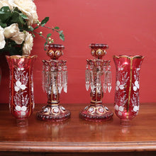 Load image into Gallery viewer, x SOLD Striking Pair of Antique Ruby Glass Hurricane Lamps with Prisms and Gilding. B12634
