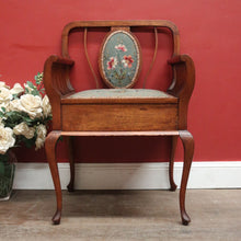 Load image into Gallery viewer, Antique Australian maple high-back Piano Stool music seat with tapestry upholstery. B12637