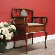 Load image into Gallery viewer, Antique Australian maple high-back Piano Stool music seat with tapestry upholstery. B12637